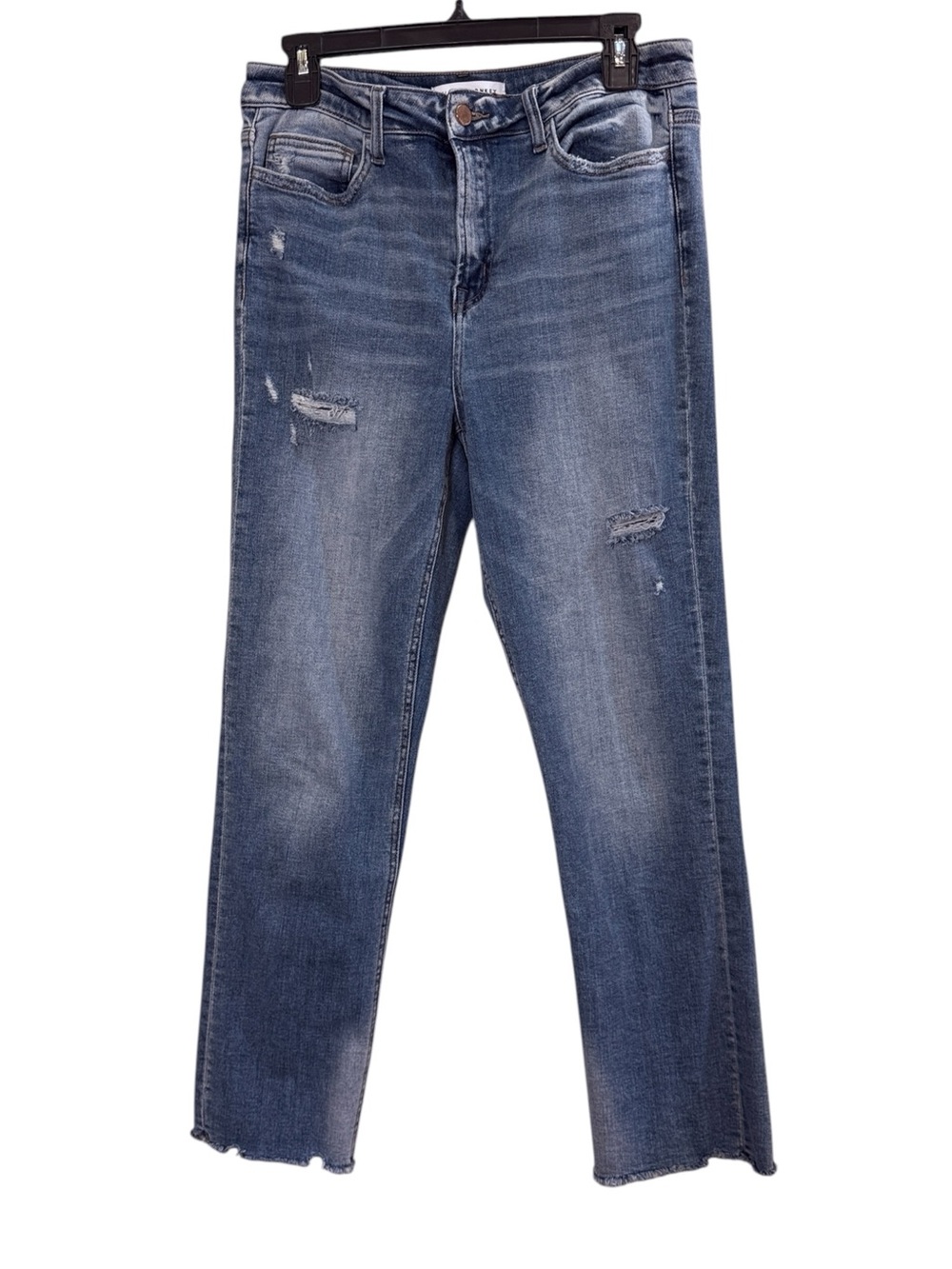 Flying Monkey Women's Mid-Rise Straight Leg Raw Hem Distressed Stretch Jeans 29